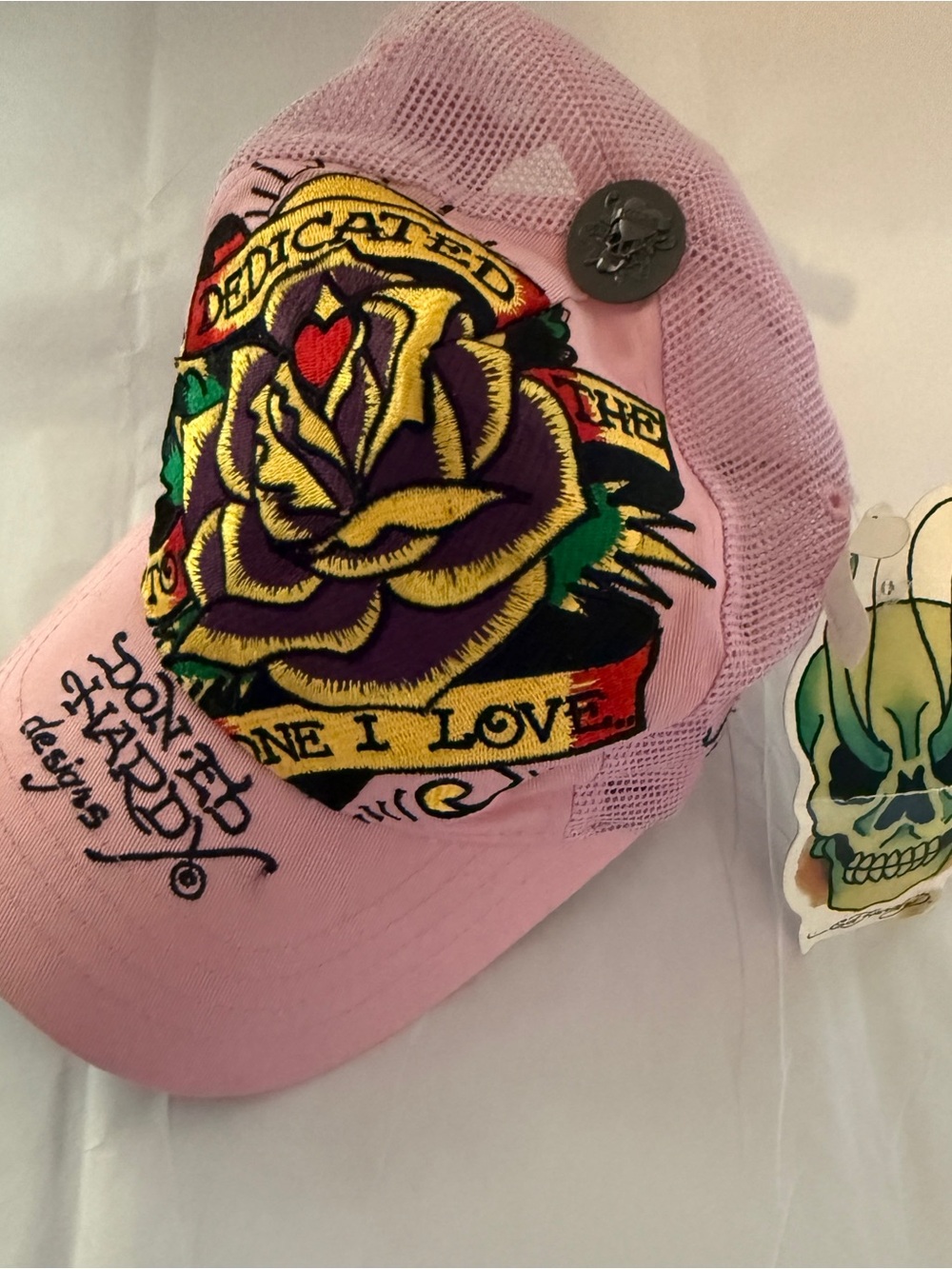Ed Hardy Pink Trucker Hat Rose Skull Y2K Tattoo Cap NWT